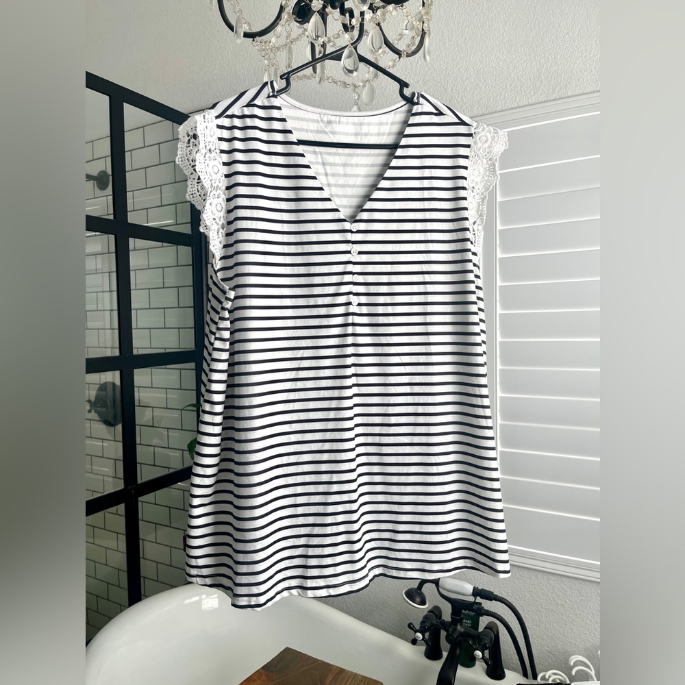 SHEIN LUNE Plus Striped Contrast Lace Half Button Tee 3XL